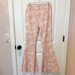 Womens Floral Groovy Bell Bottom Flare Jeans Size Large Hippie 70s Festival Boho